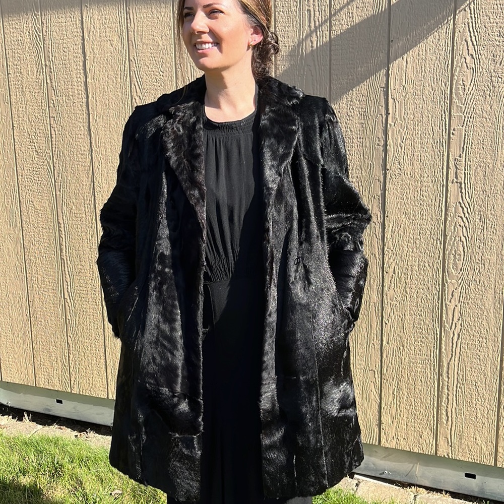 Mid Century Fur Coat Maxi Midi Length Black Cuffed  by Vancouver Fur Co Sz S/M - Picture 2 of 13